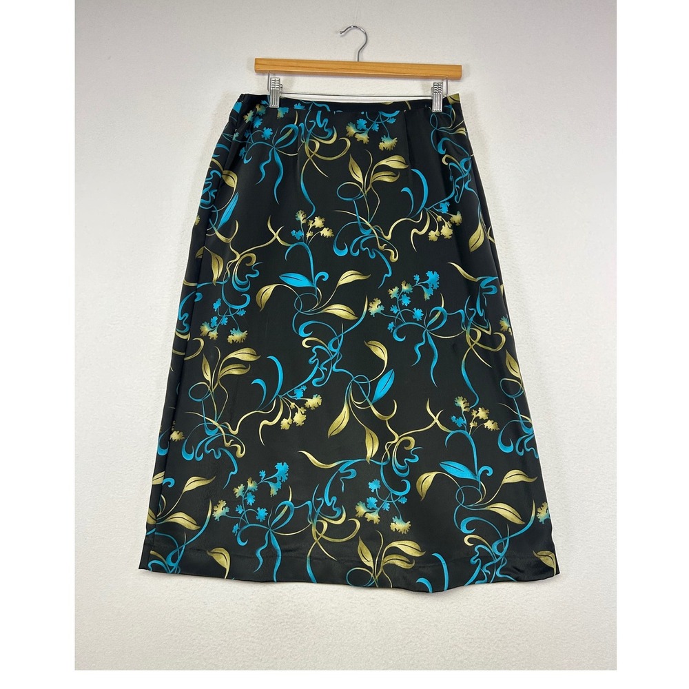 Whimsigoth Sag Harbor Petite Womens PM Black‎ Teal Gold Floral A-Line Midi Skirt
